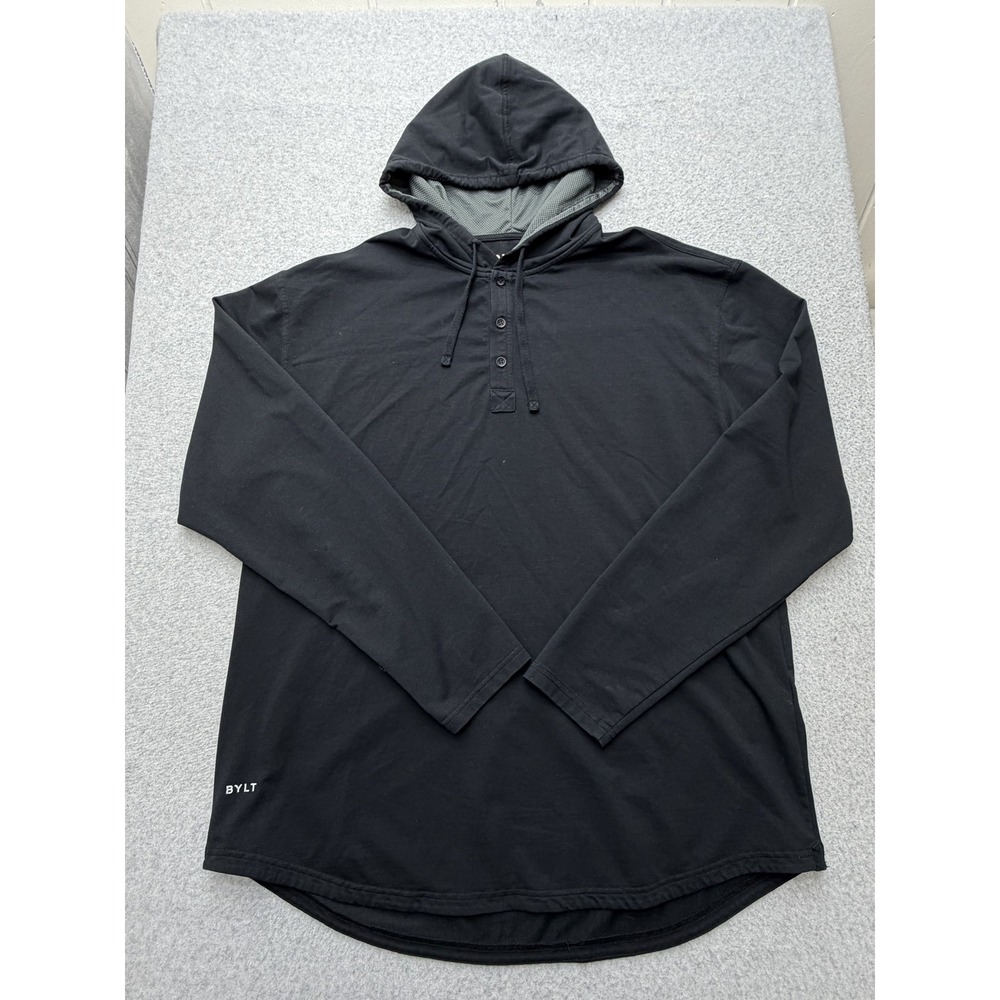BYLT Hoodie Mens 2XL Black Henley Long Sleeve Stretch Drop-Cut Pullover